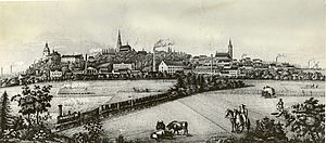 So sah ein Zeichner in den frühen Jahren der Eisenbahn die Stadt Mönchengladbach. (Bild: Stadtarchiv Mönchengladbach)